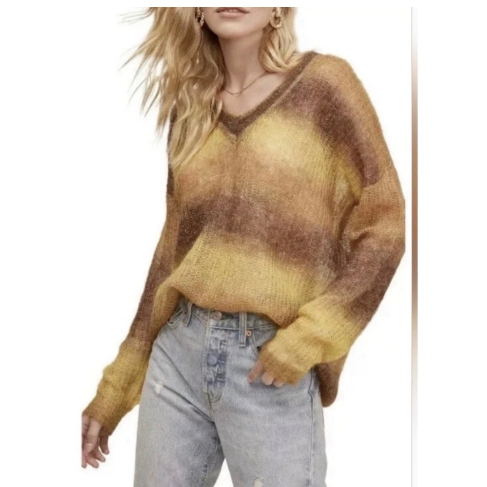 ASTR The Label Mohair Wool Blend Ombre Striped V-Neck Sweater XL Brown Yellow